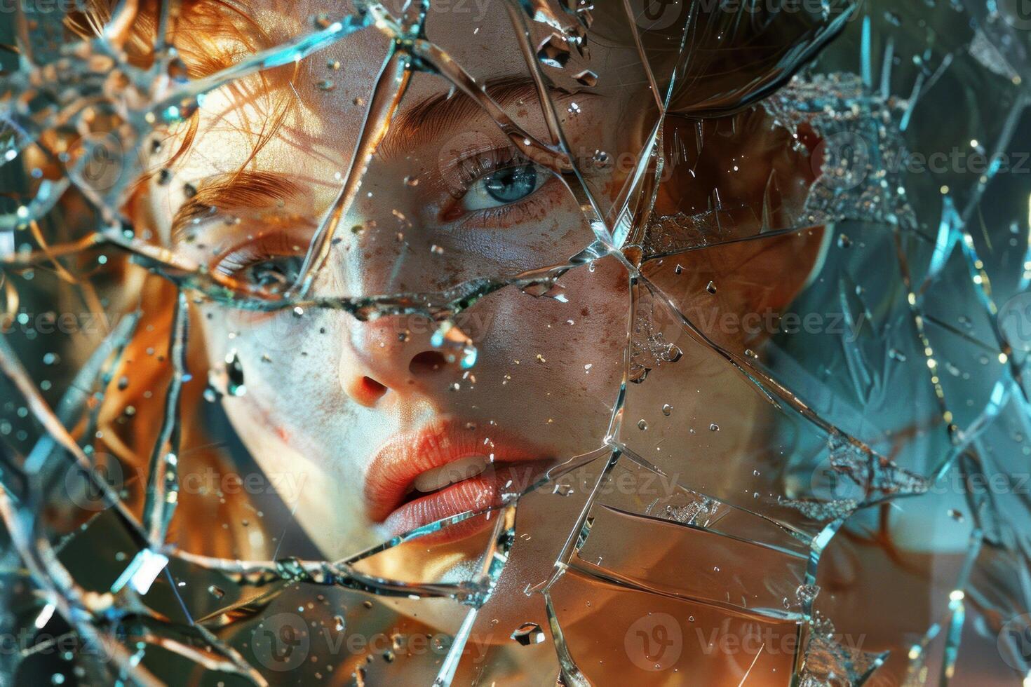 Woman with freckles looking through broken glass with serious expression photo
