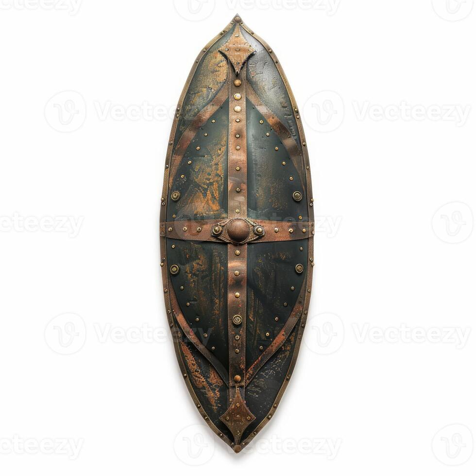 Medieval shield standing upright on white background photo