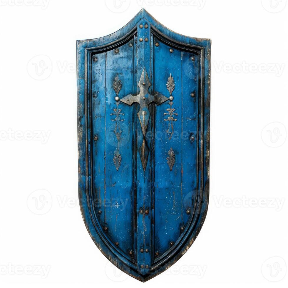 Medieval blue wooden shield with metal cross isolated on white background photo