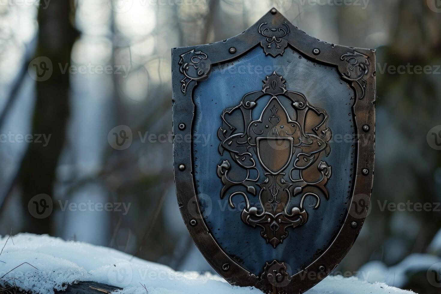 Medieval shield resting on snowy ground in winter forest photo