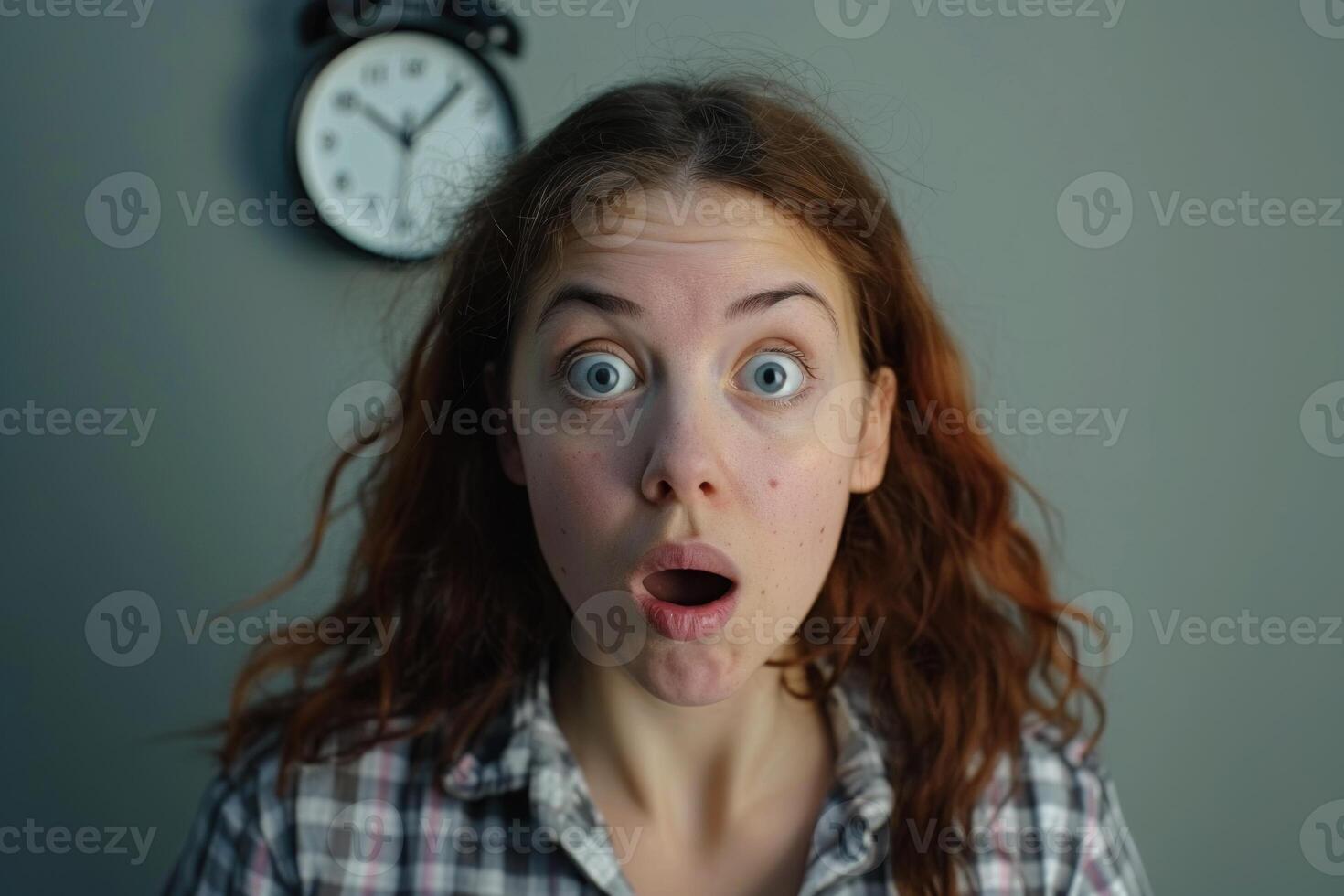 Shocked young woman opening mouth in surprise while looking at clock photo