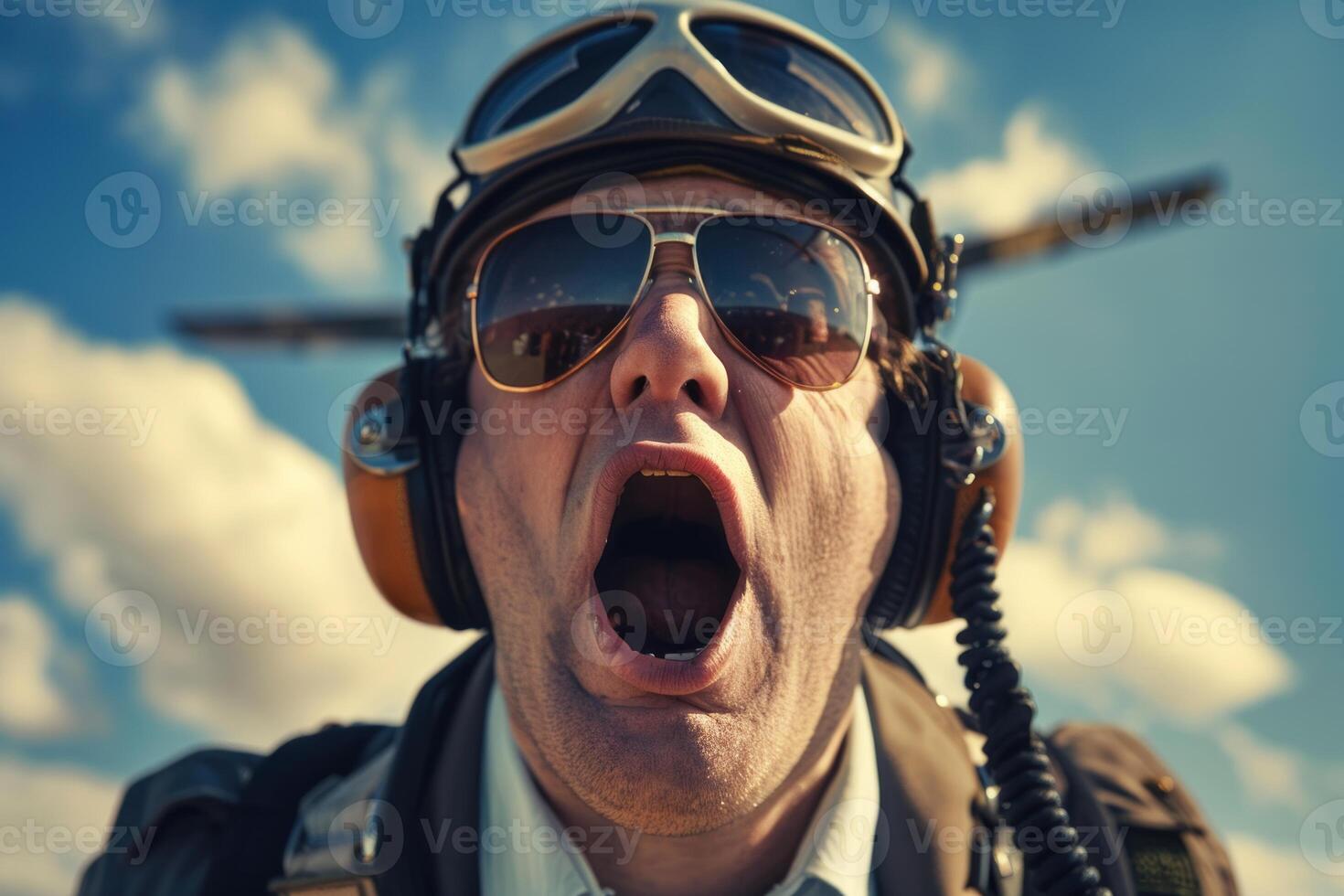 Excited pilot wearing helmet and sunglasses shouting in the sky photo