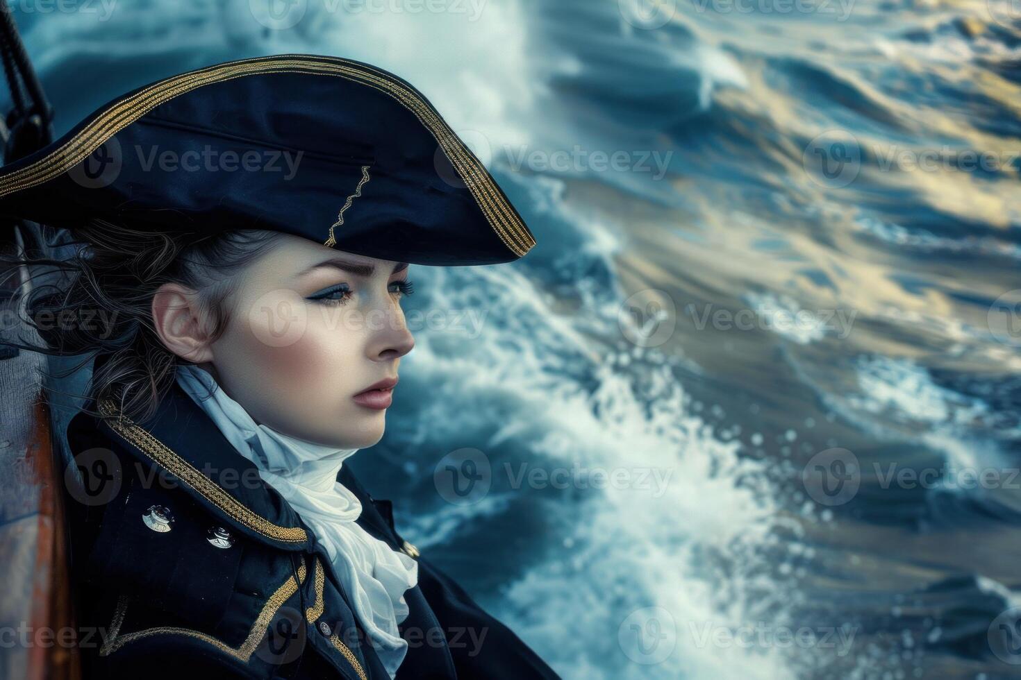 Woman captain wearing tricorn hat sailing in rough sea on a ship photo