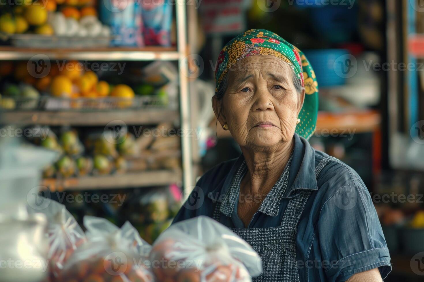 Elderly southeast asian woman working at her fruit stand photo