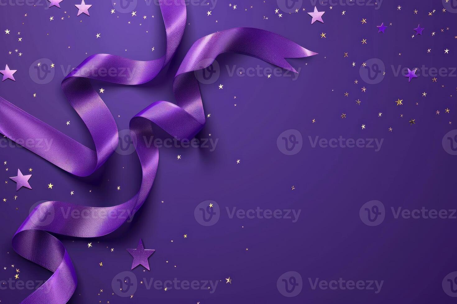 Purple ribbon and star shaped confetti creating festive background design photo