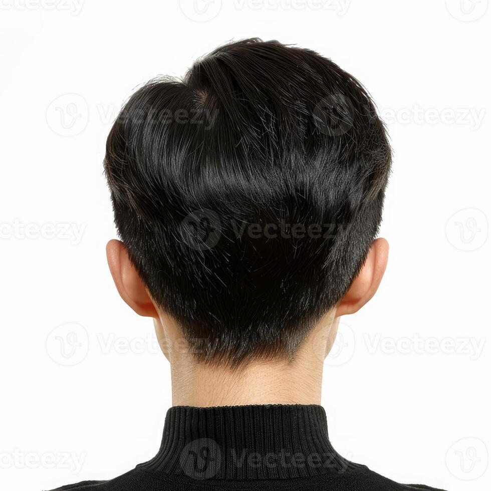 Close up of man with short black hair from behind, showing neck and ears photo