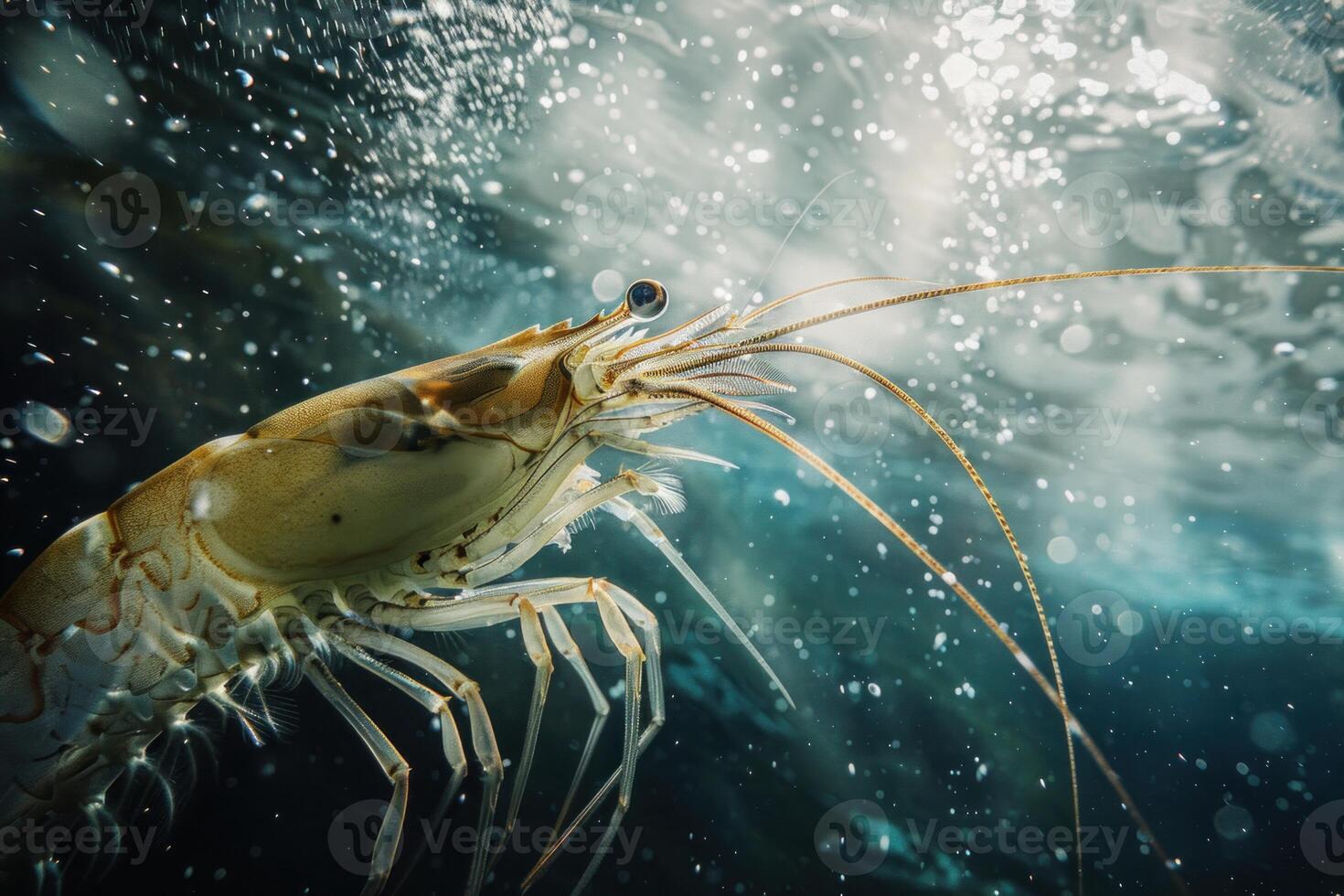Giant freshwater prawn swimming in aquarium with bubbles rising to surface photo