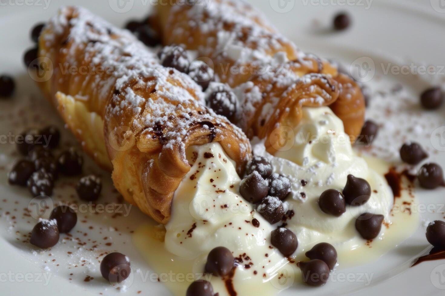 Delicious sicilian cannoli with whipped cream and chocolate chips drizzled with icing sugar photo