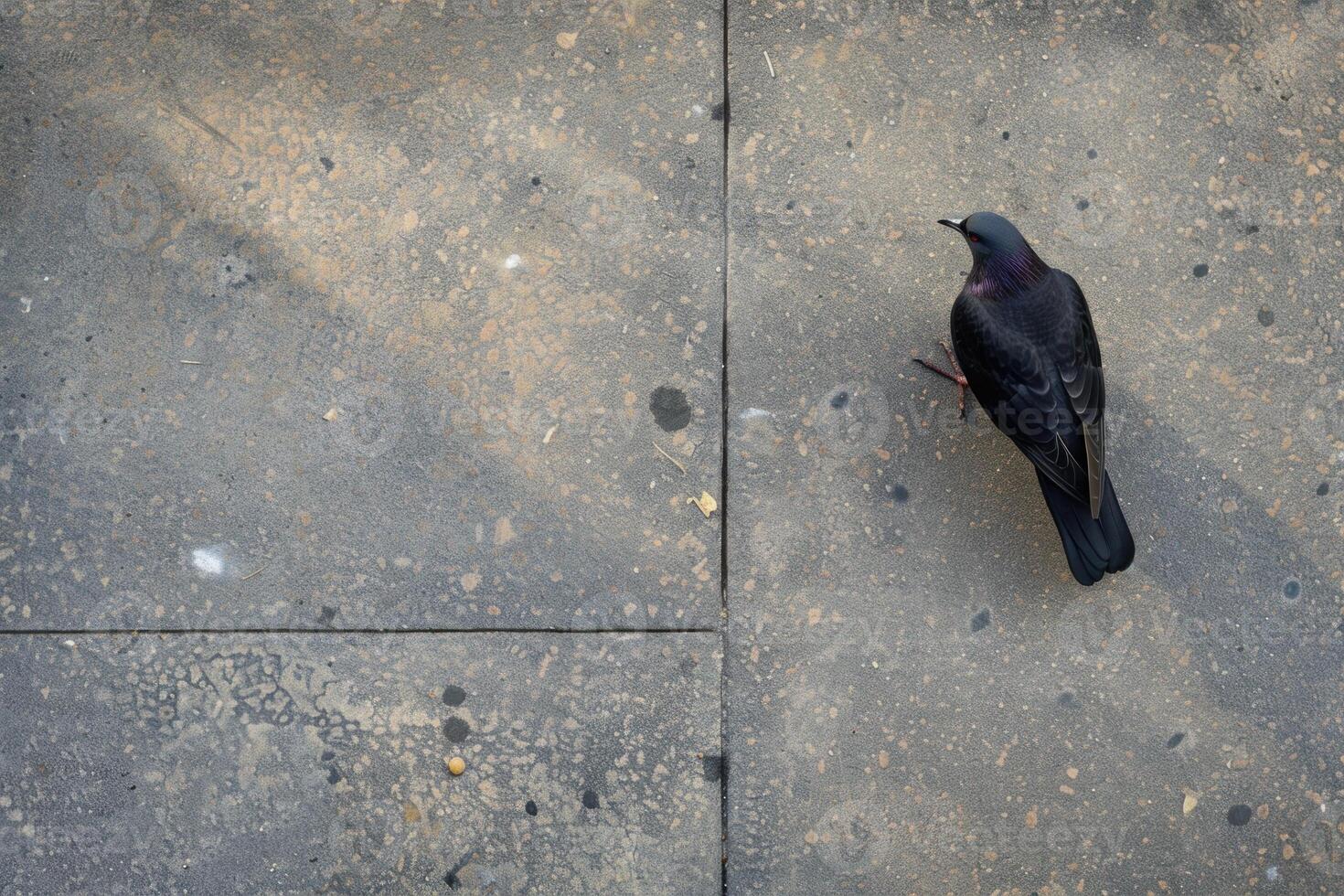 Pigeon standing on concrete pavement tiles looking for food photo