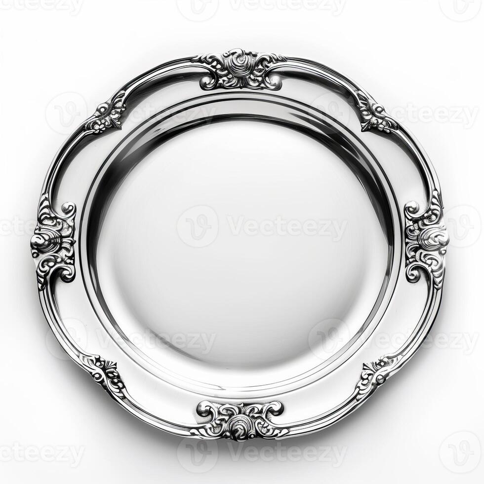Empty silver serving plate with ornate design on white background photo