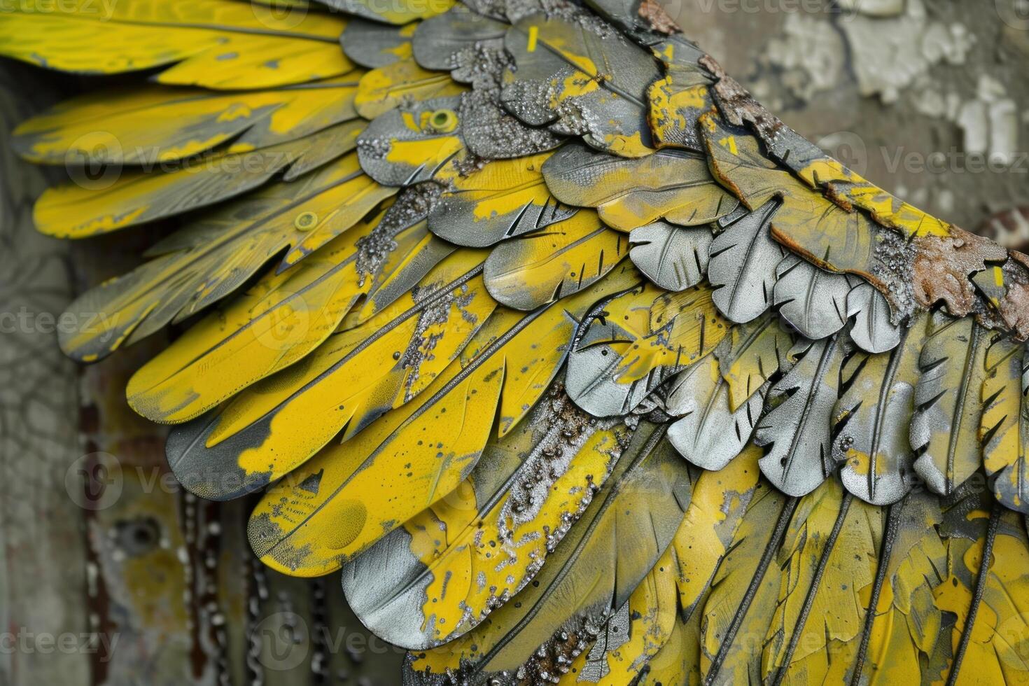 Metallic feathers showing yellow and gray colors creating a fantasy wing photo