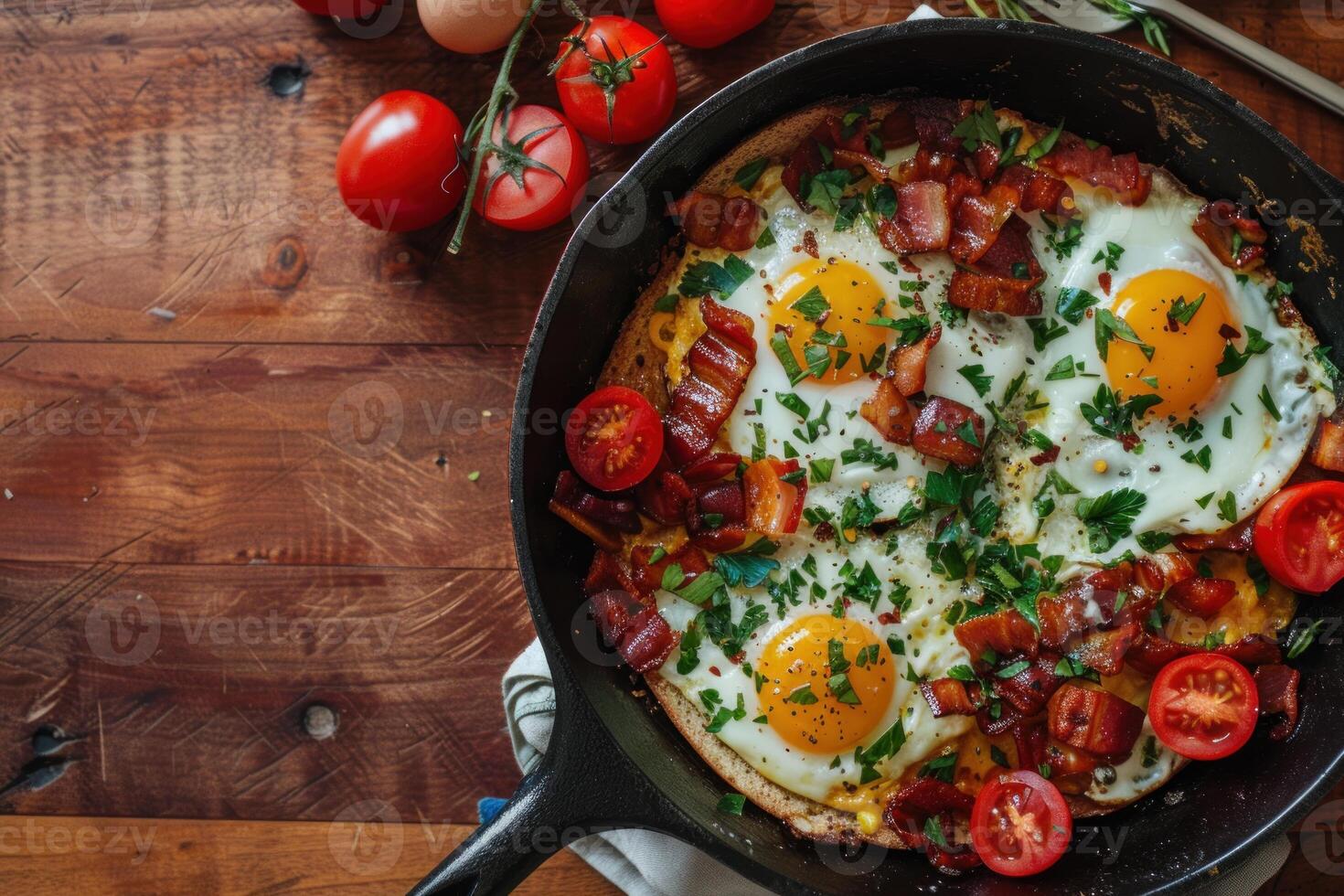 Fried eggs with crispy bacon, tomatoes and parsley in cast iron pan for breakfast photo
