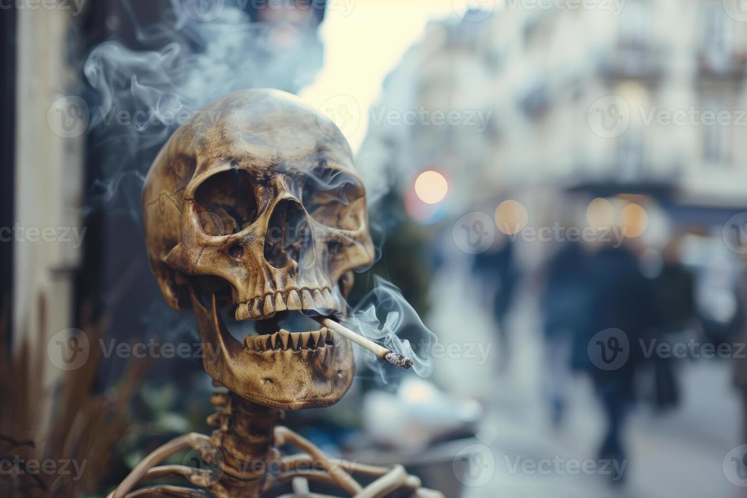 Skeleton smoking a cigarette symbolizing danger of addiction photo