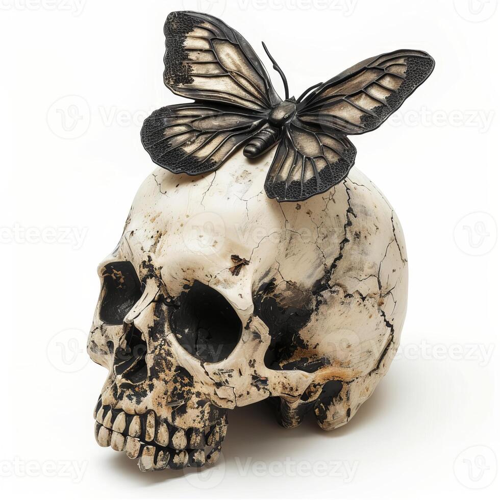 Butterfly resting on a skull symbolizing life and death photo