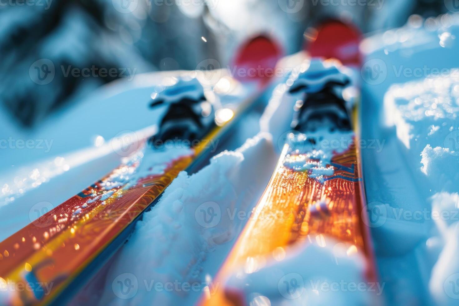Bright orange skis resting on fresh snow during sunny winter day photo