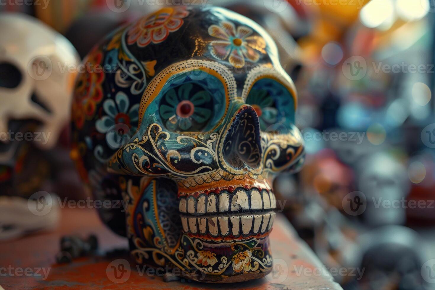 A colorful skull sitting on a table with other skulls photo