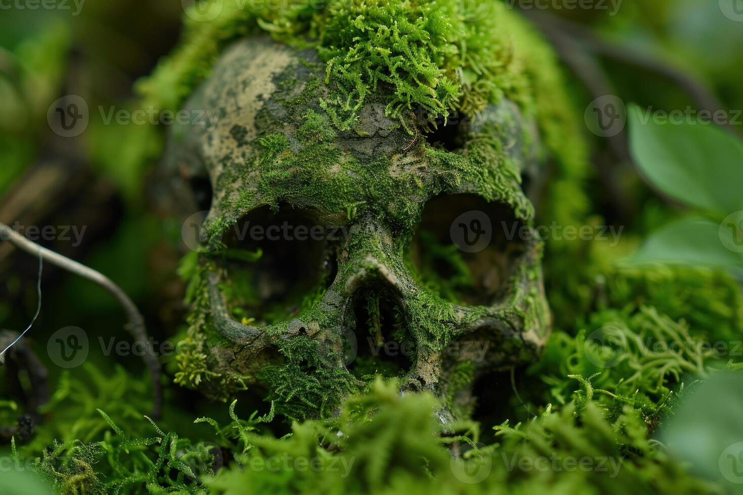 Mossy skull resting on lush green moss in forest setting photo
