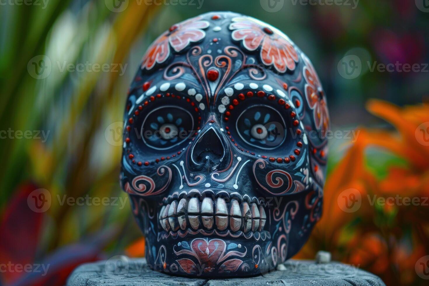 Decorated skull celebrating day of the dead festivities with vibrant colors photo