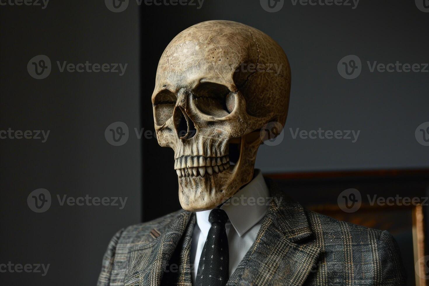 Skeleton wearing suit and tie posing in a room photo