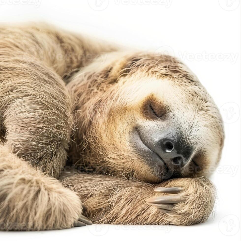 Sleeping sloth curled up and smiling peacefully on white background photo