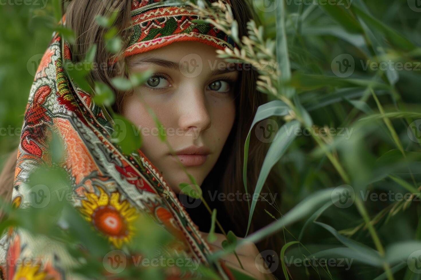 Young girl wearing traditional clothes hiding in lush vegetation photo