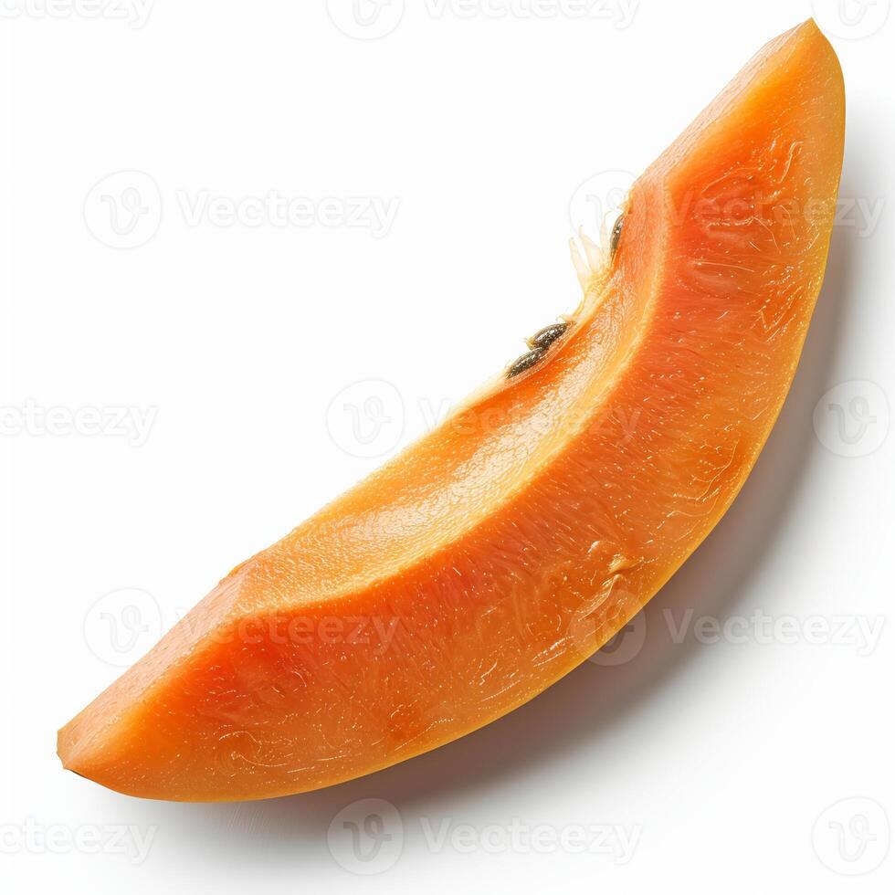 Slice of ripe papaya showing seeds on white background photo