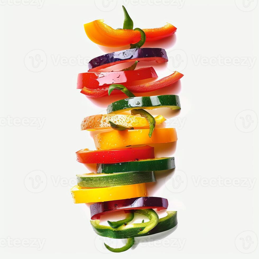 Sliced colorful vegetables forming a vertical composition on white background photo