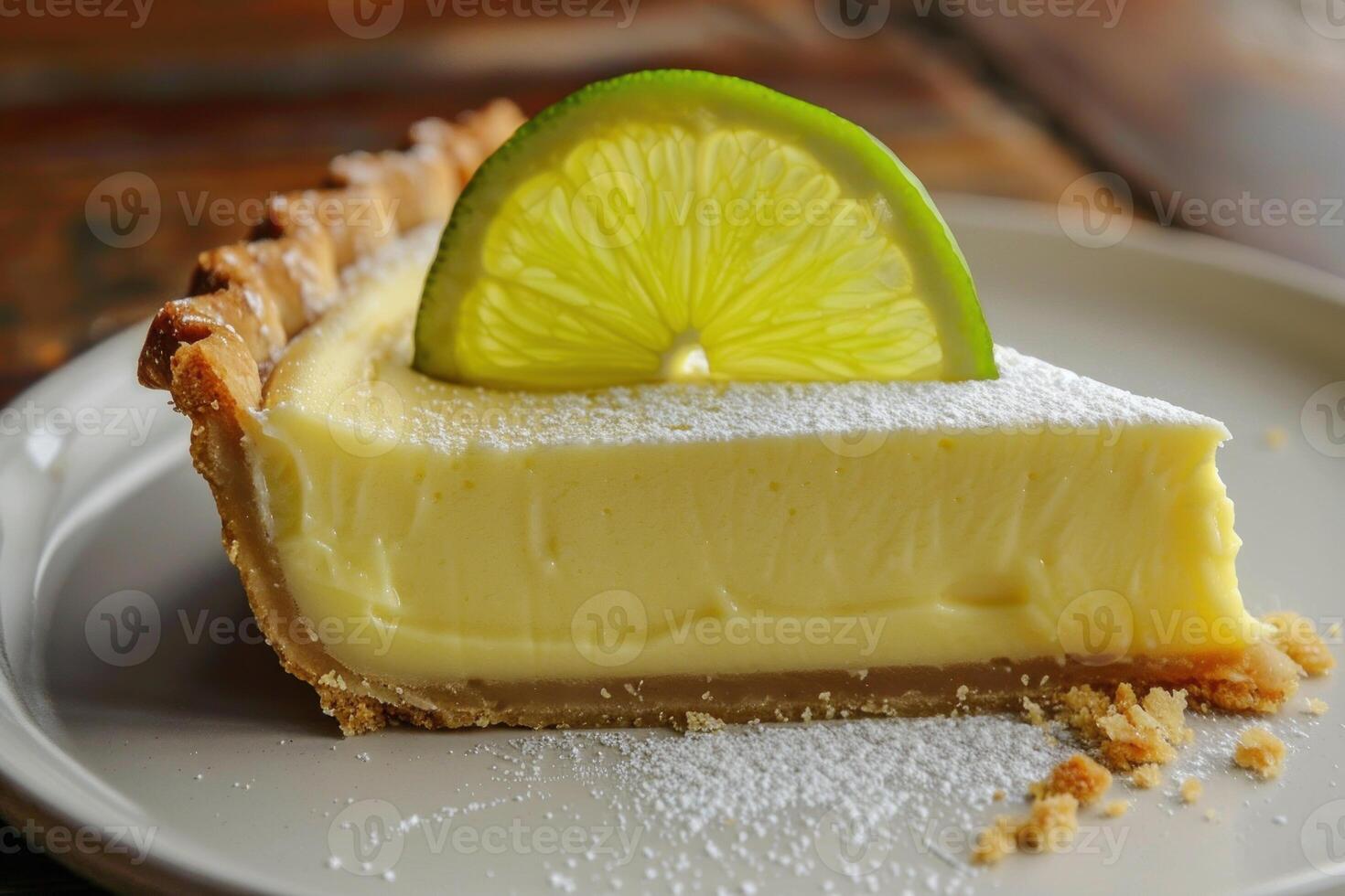 Delicious key lime pie showing filling and crust with lime slice on top photo