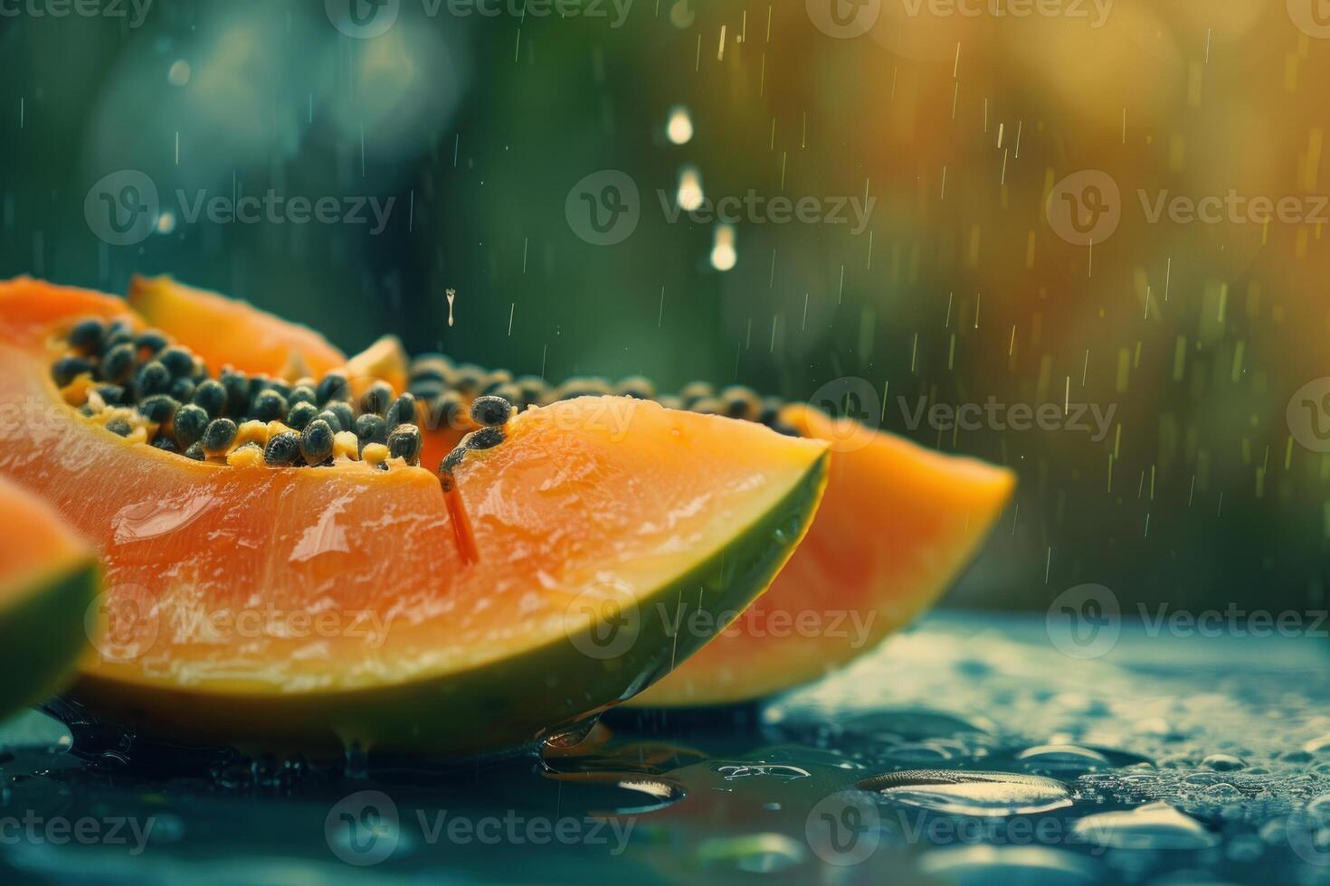 Fresh papaya slices enjoying tropical rain shower on shiny surface photo