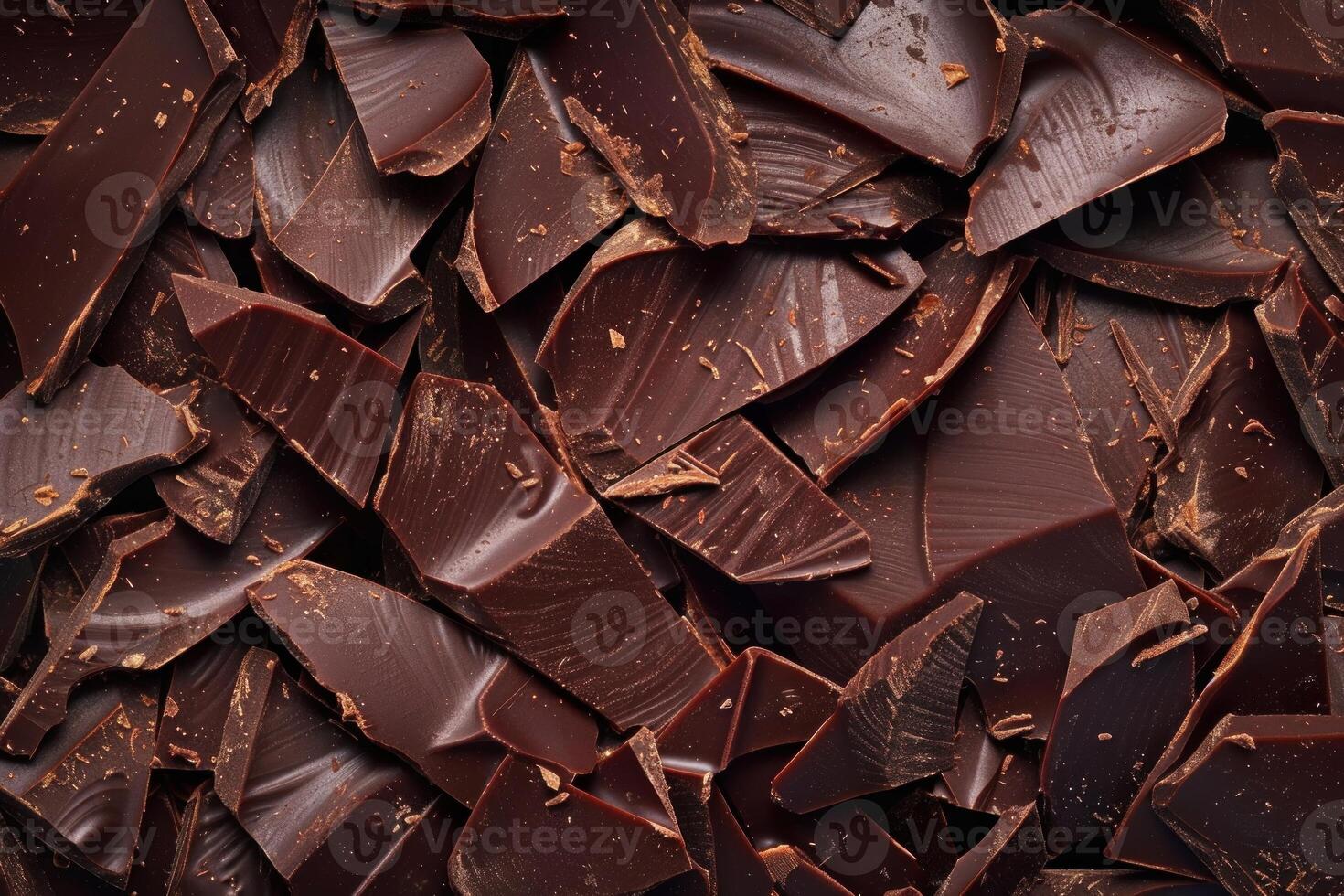 Delicious dark chocolate chunks covering entire image area, creating appealing background photo