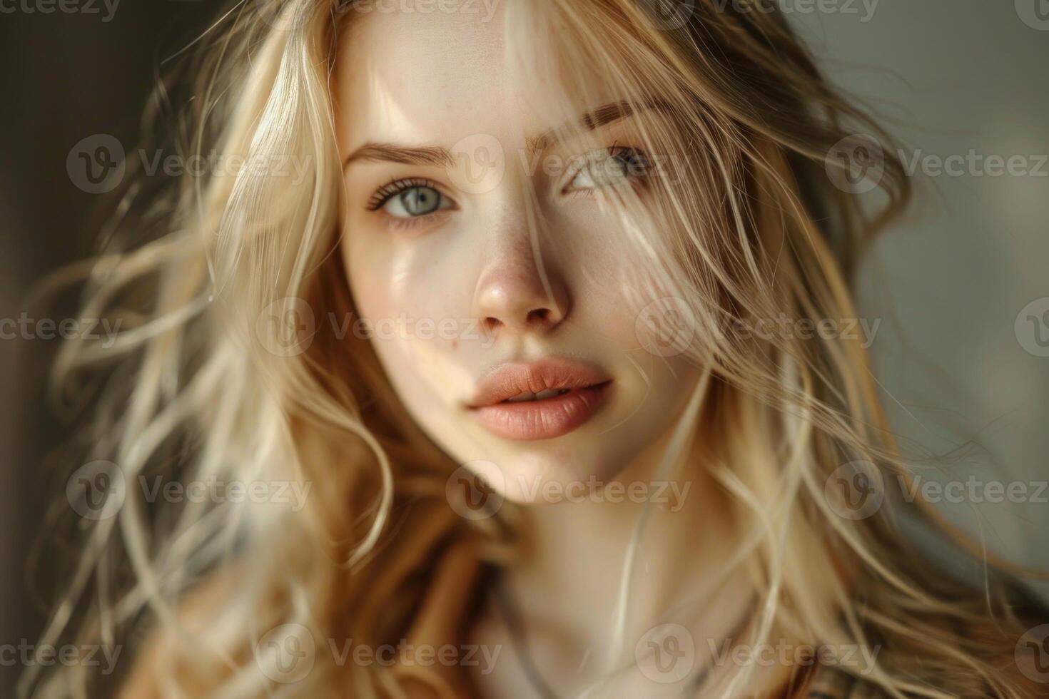 Blonde model posing with long wavy hair and natural makeup photo