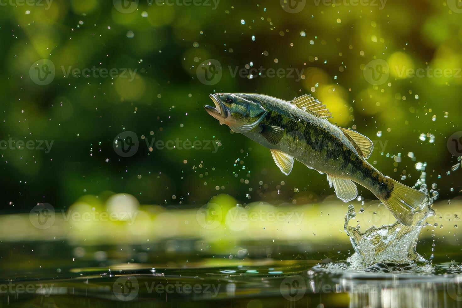 Largemouth bass jumping out of the water with splashing droplets photo