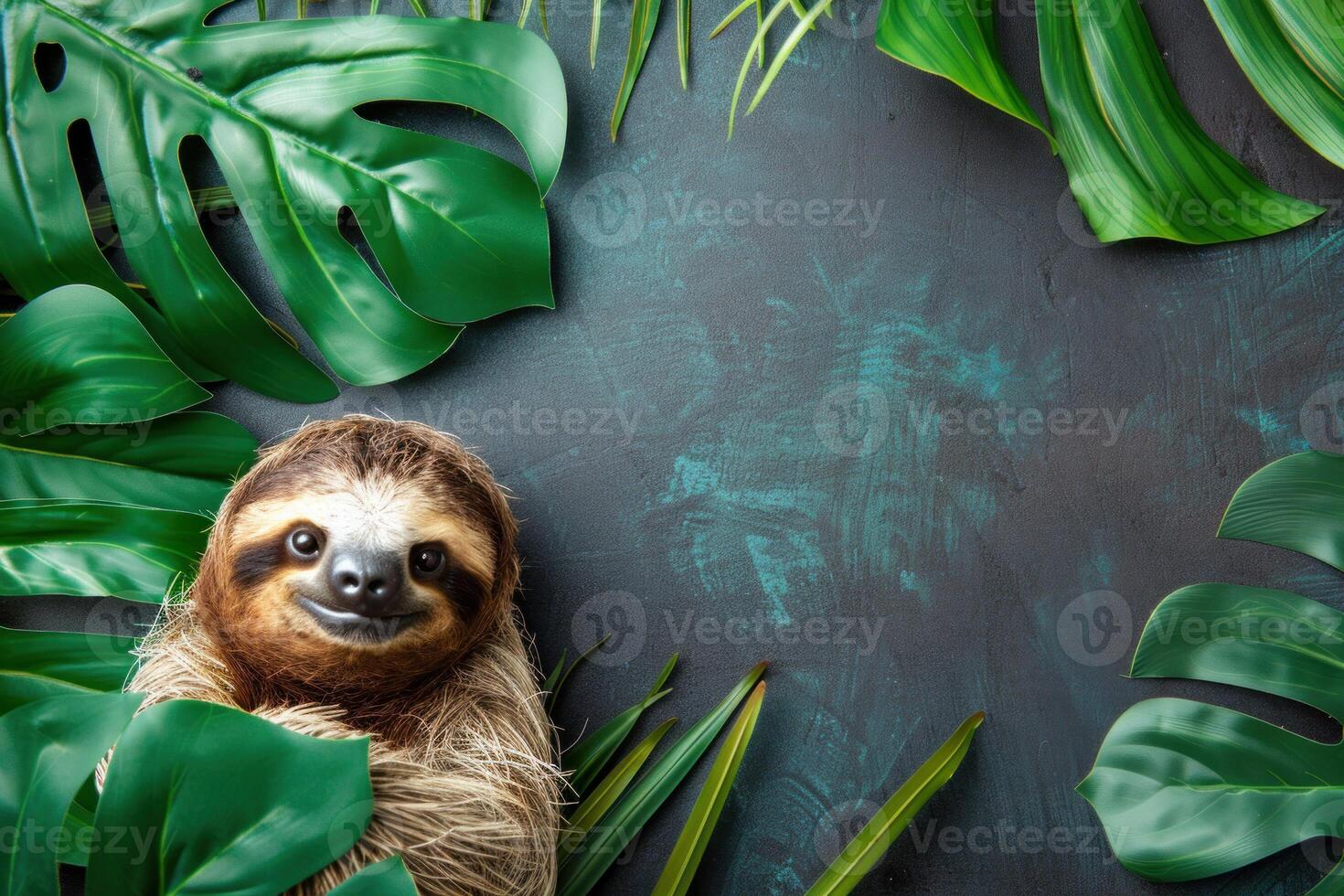 Smiling sloth relaxing in lush tropical greenery with copy space photo