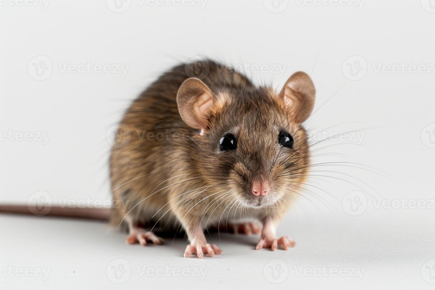 Brown house mouse posing on seamless white background photo