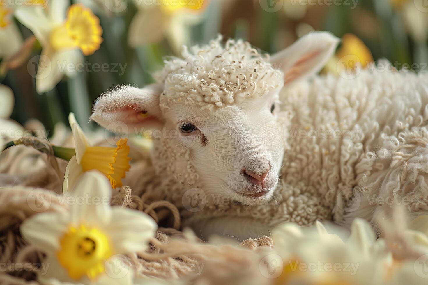 Adorable lamb relaxing in daffodils, springtime innocence photo