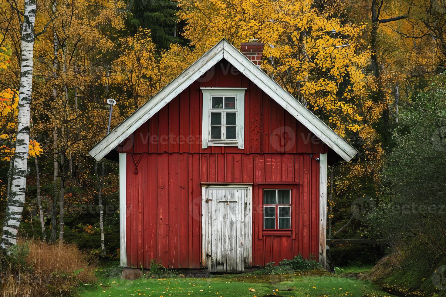 Red wooden cabin standing in the middle of colorful autumn forest photo