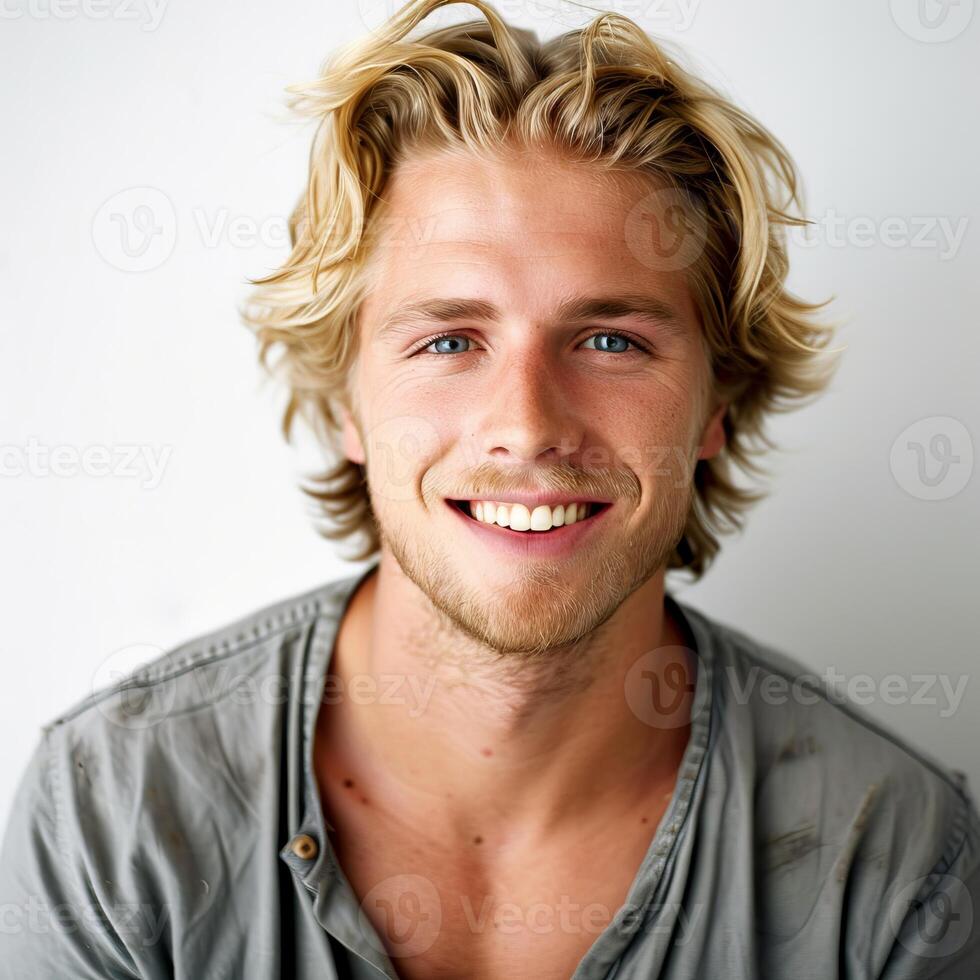 Portrait of smiling blond man with blue eyes and gray shirt photo