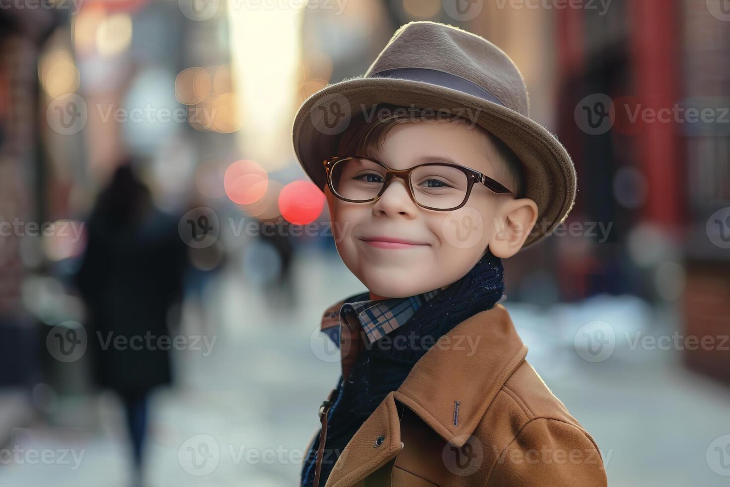 Stylish boy smiling on a city street wearing a hat and glasses photo