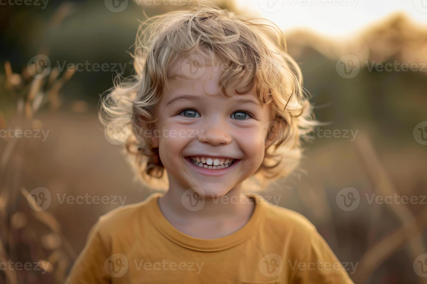 Portrait of smiling blond child in nature at golden hour photo