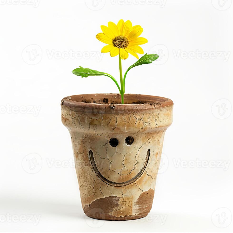 Yellow daisy growing in a smiling terracotta pot on white background photo
