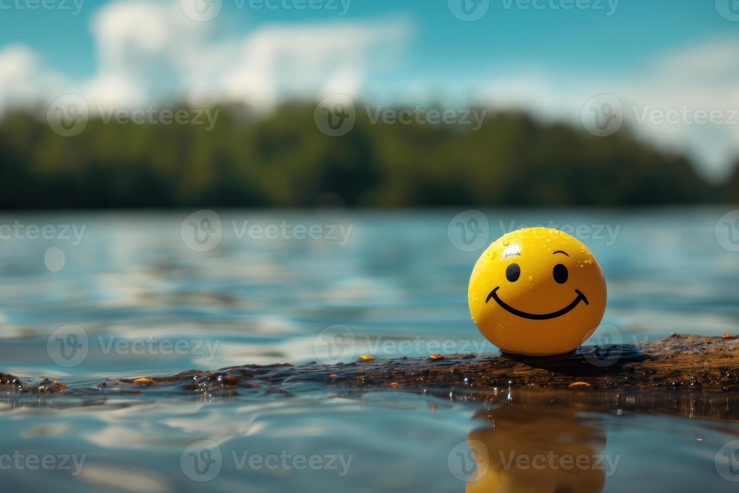 Yellow smiley face ball floating on water with forest background photo