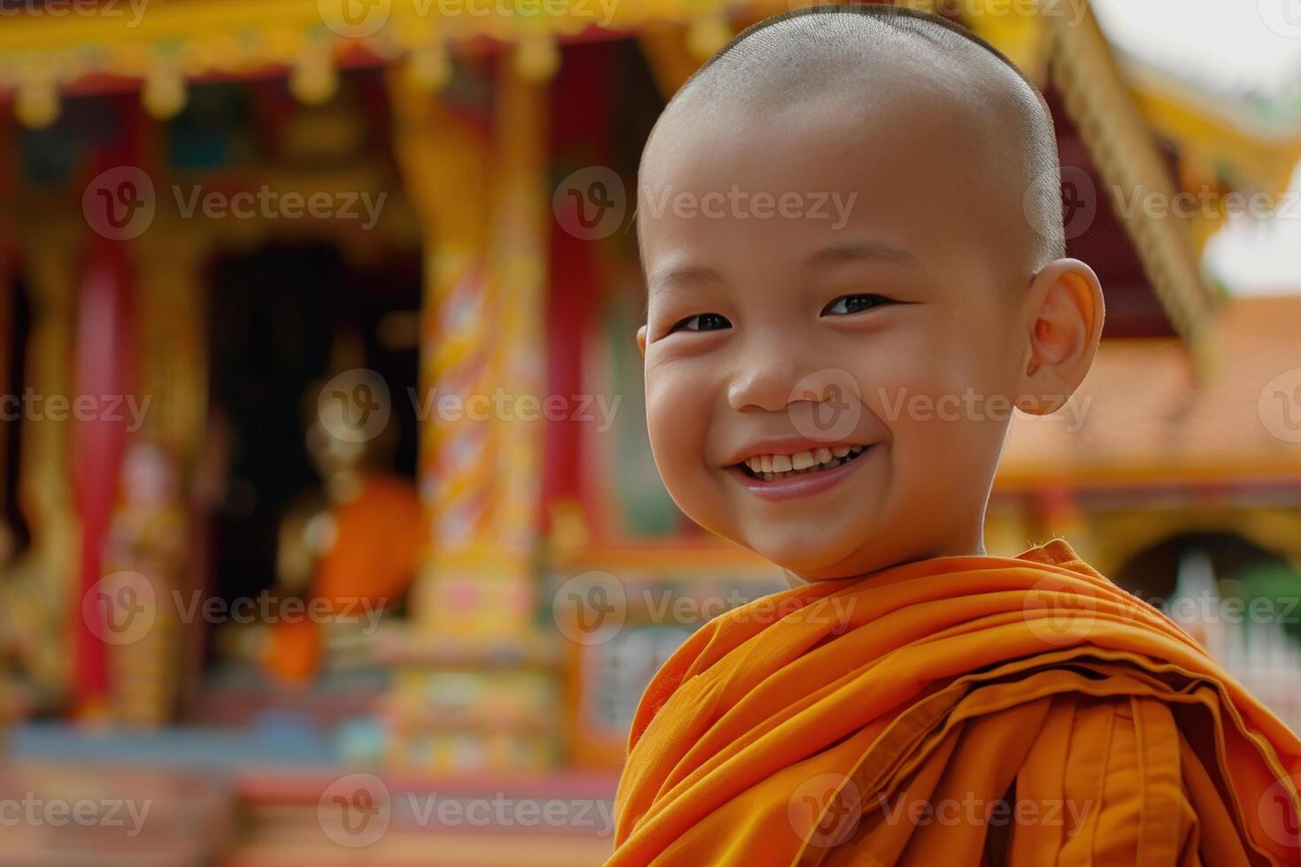 Young buddhist monk smiling in temple, portrait of a happy child photo