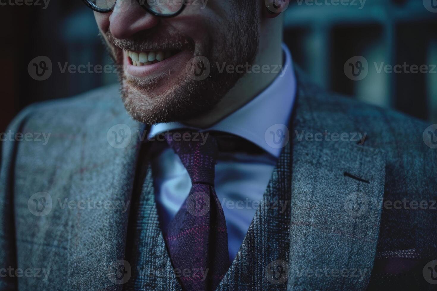 Smiling businessman wearing glasses, suit and tie photo