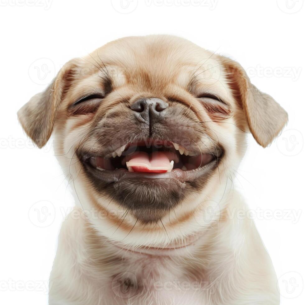 Adorable pug puppy smiling with closed eyes on white background photo