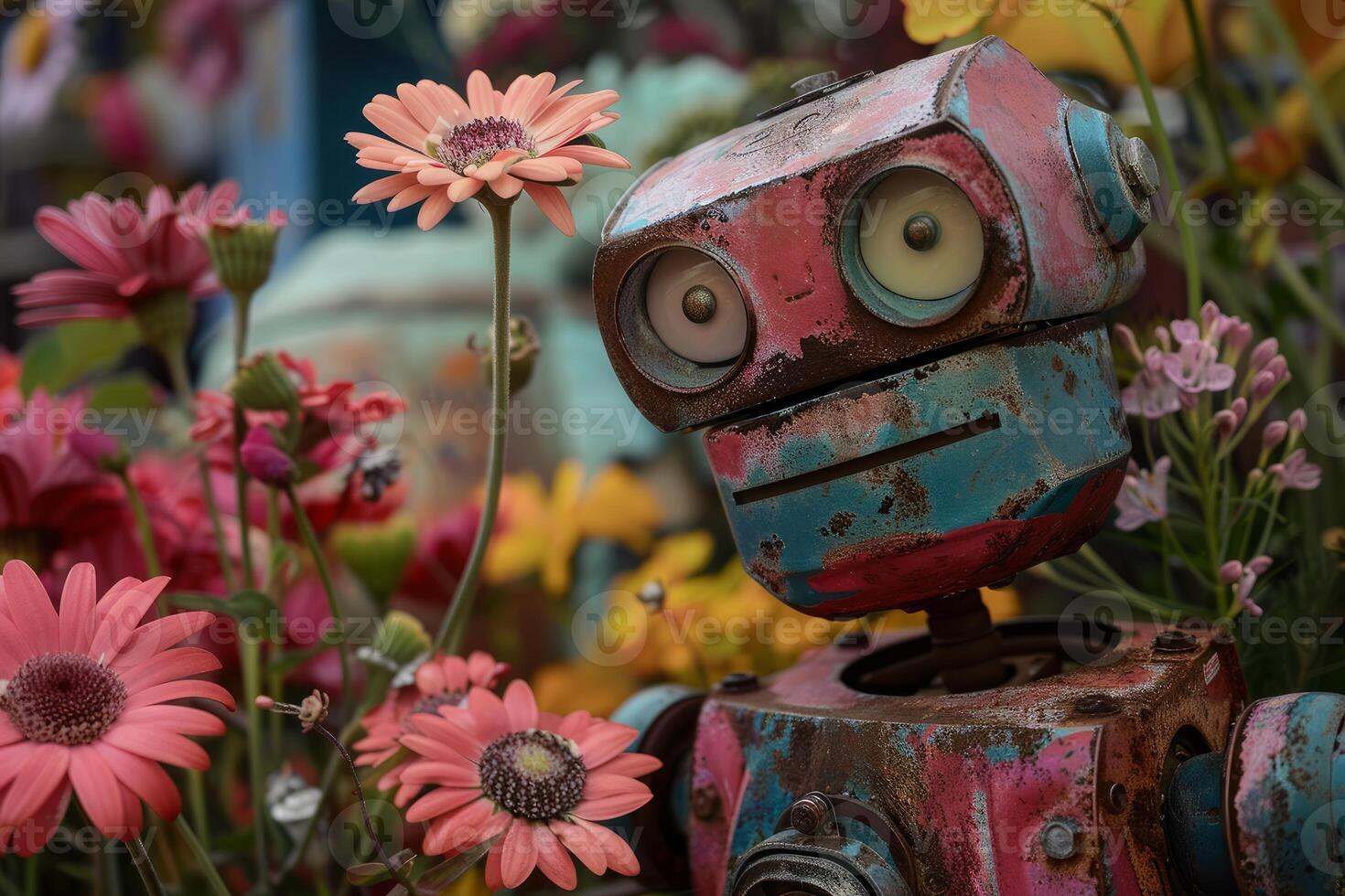 Colorful robot exploring a vibrant flower garden photo