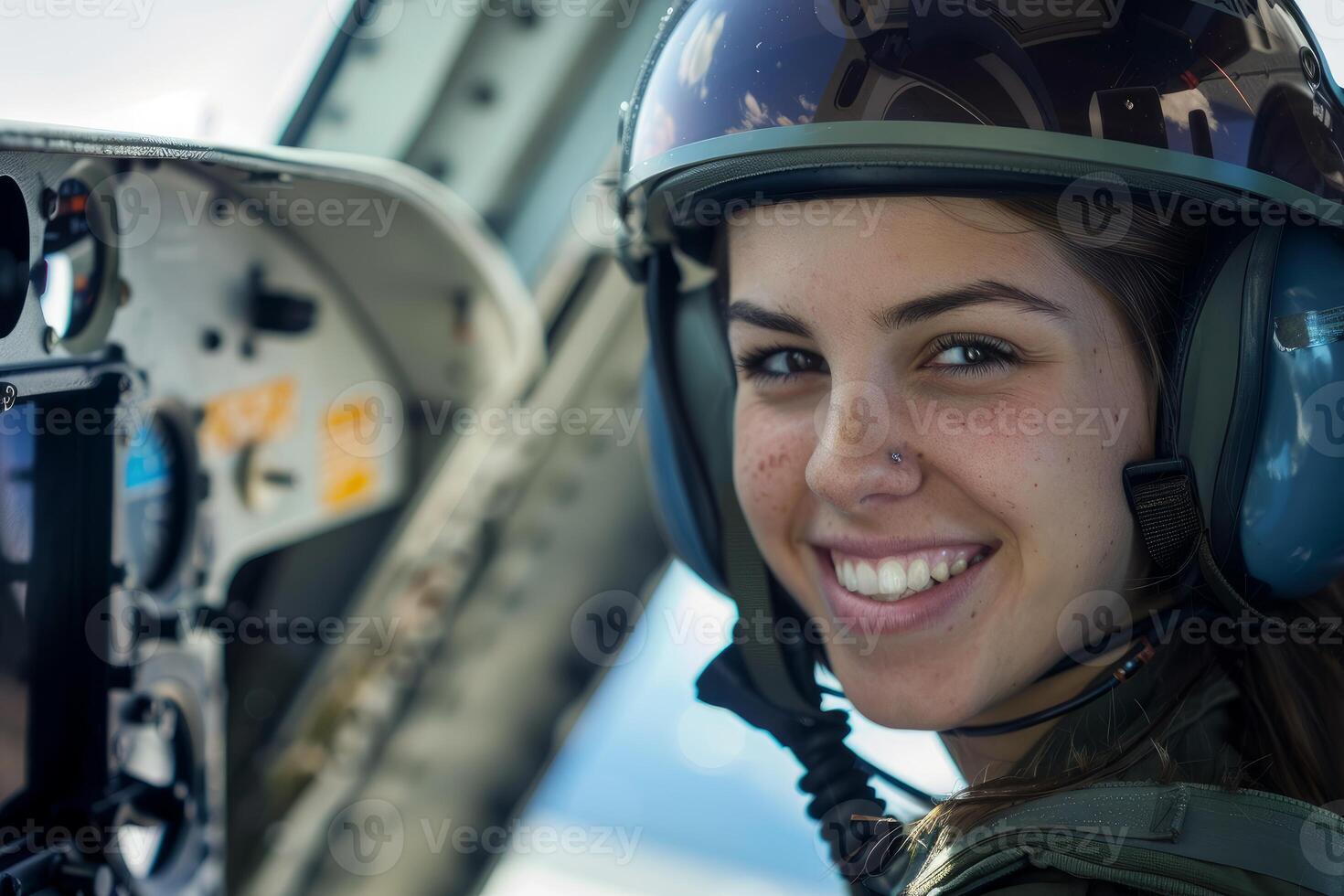Smiling female pilot wearing headset and helmet in cockpit photo