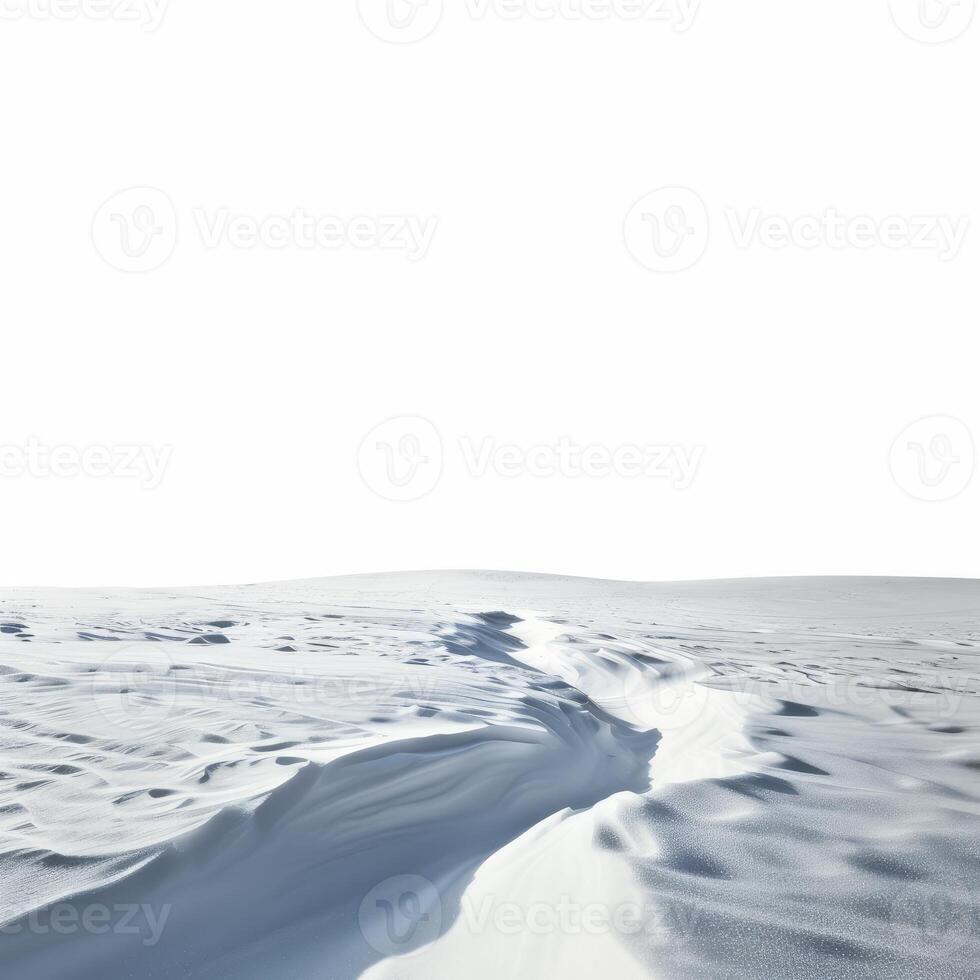 Snowdrifts creating a small gully in a snow covered landscape on white background photo