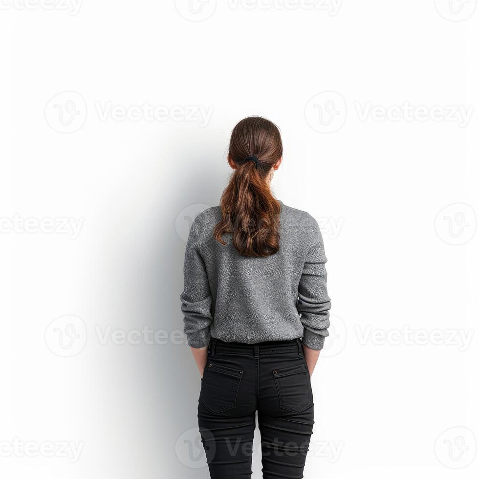 Young woman facing white wall with hands in pockets photo