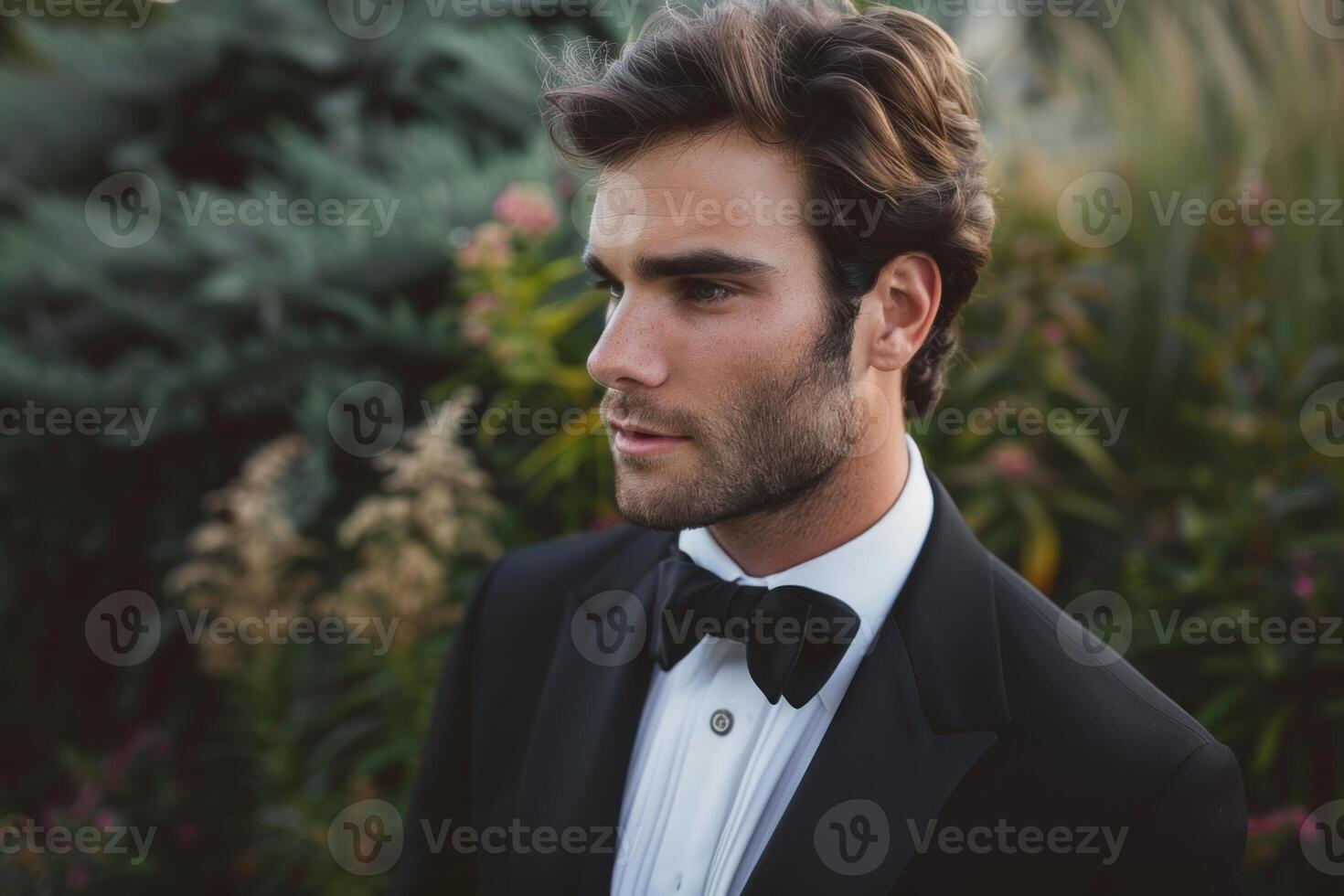 Elegant groom wearing tuxedo and bow tie posing in garden photo