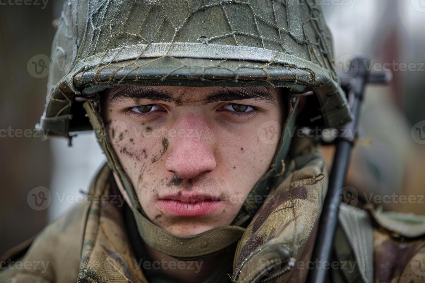 Young soldier wearing helmet and camouflage uniform showing determination and resilience photo